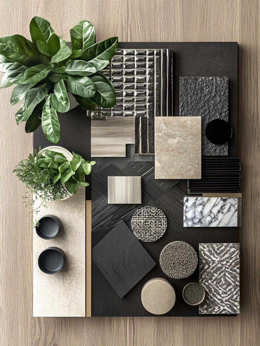 Moodboard de materiales sobre bandeja negra con muestras de mármol blanco y beige, azulejo metalizado, madera oscura, texturas de piedra, tejidos y plantas verdes