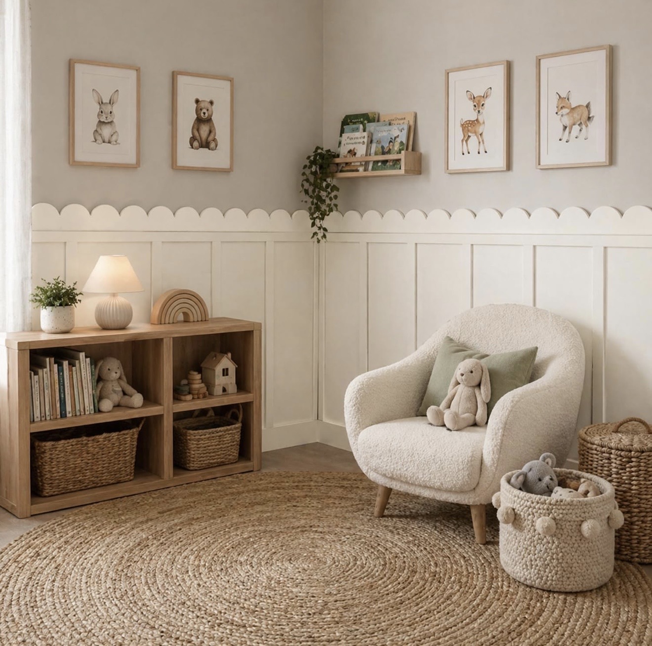 Rincón de lectura infantil con boiserie blanca y remate ondulado tipo festón, cuadros de animales del bosque, sillón bouclé crema, librero de madera con cestas de mimbre y tapete redondo de yute