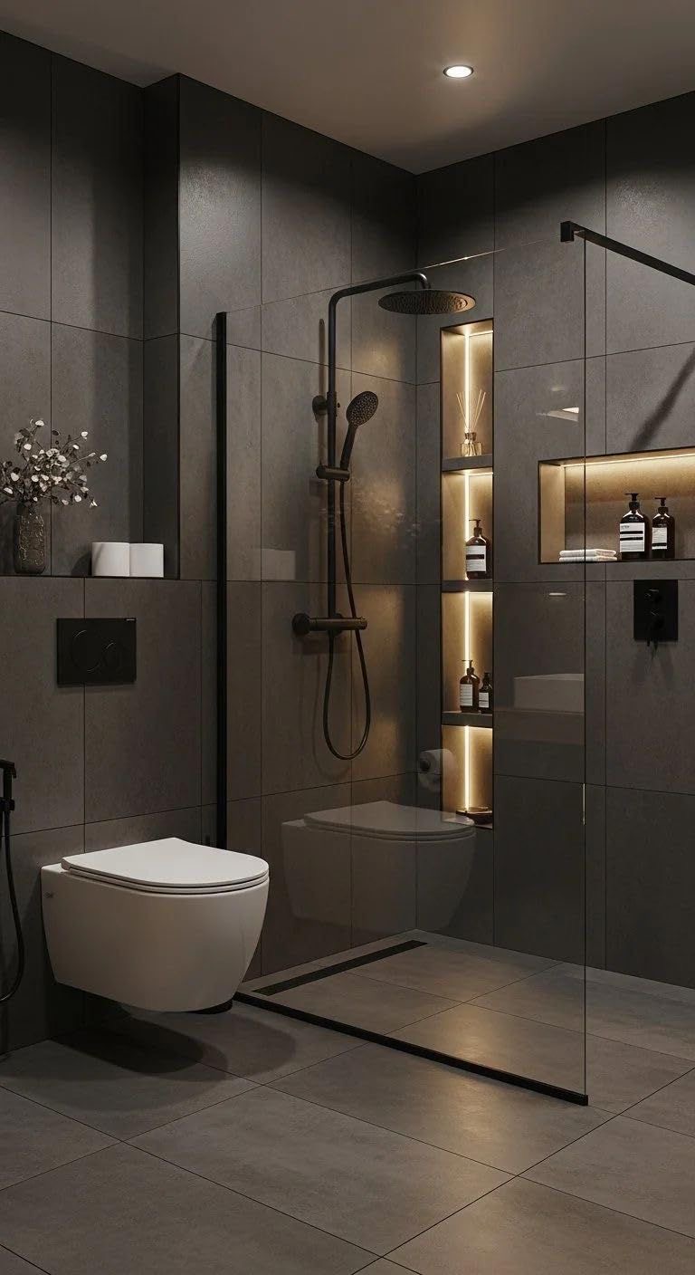 Baño moderno en porcelanato gris oscuro con ducha a nivel de piso, grifería negra mate, nichos retroiluminados, inodoro suspendido y mampara de vidrio