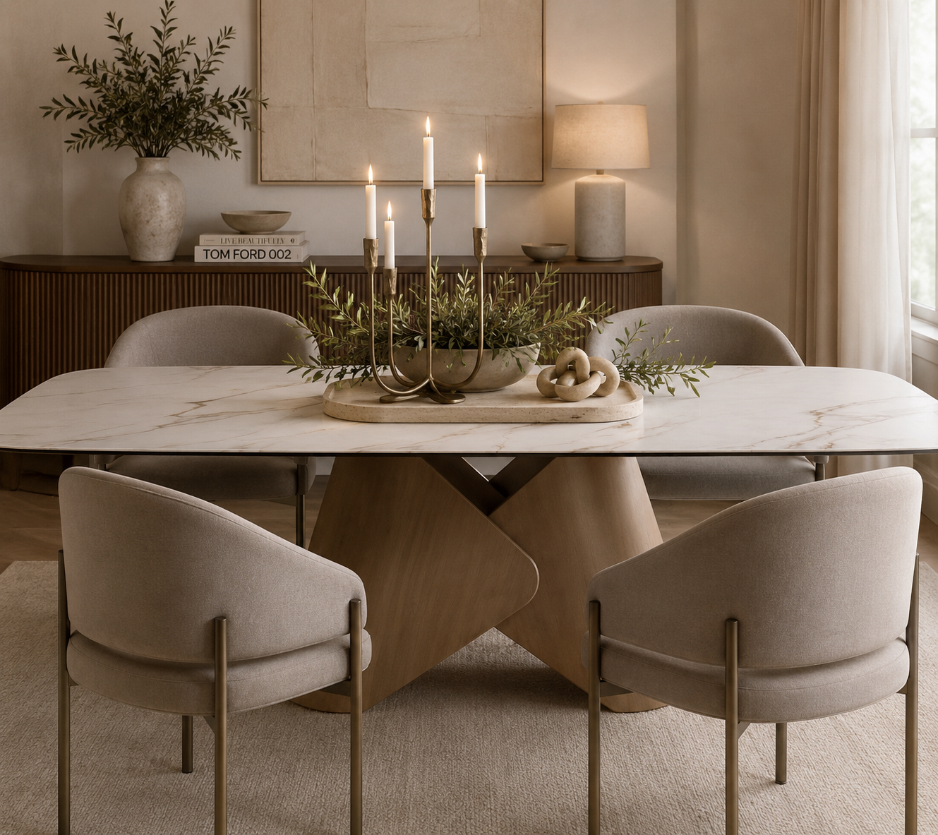 Comedor elegante con mesa ovalada de mármol blanco con vetas doradas, base escultórica de madera, cuatro sillas bouclé beige con patas doradas, aparador acanalado de nogal y centro de mesa con olivos y candelabro de latón