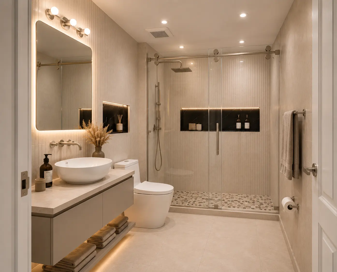 Baño remodelado estilo spa con azulejo beige acanalado, espejo retroiluminado, lavamanos de vasija sobre mueble flotante, nichos en mármol negro y ducha de vidrio con regadera tipo lluvia