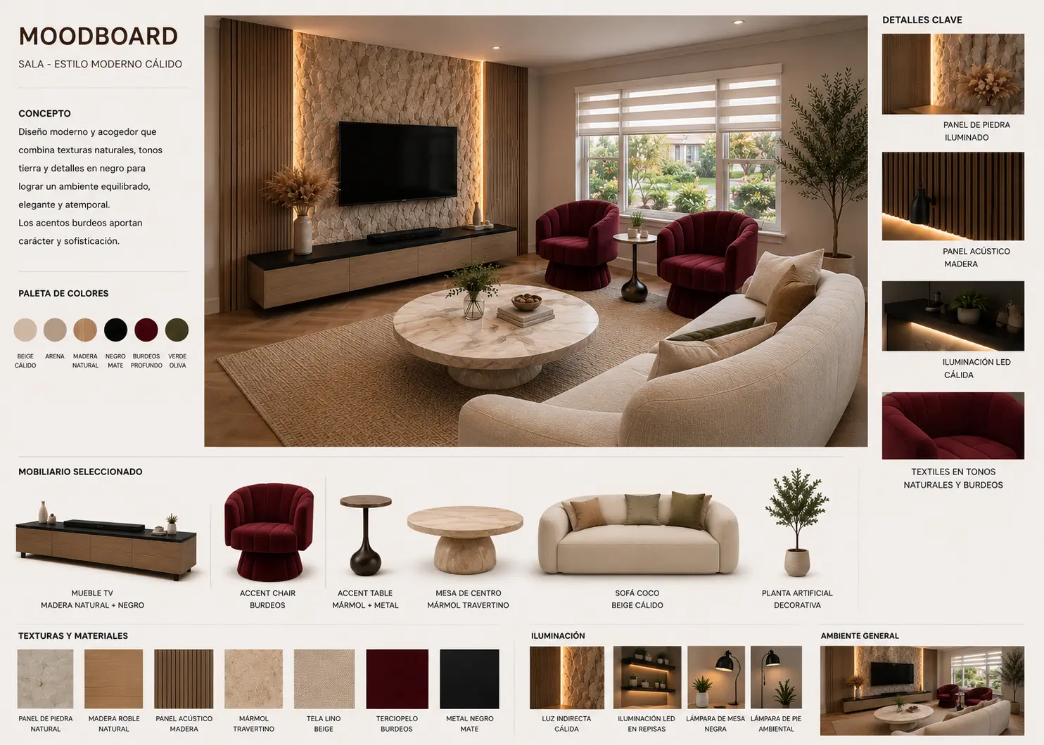 Moodboard de proyecto de sala estilo moderno cálido con render 3D, paleta de colores beige, arena, madera natural, negro mate y burdeos, mobiliario seleccionado y muestras de texturas