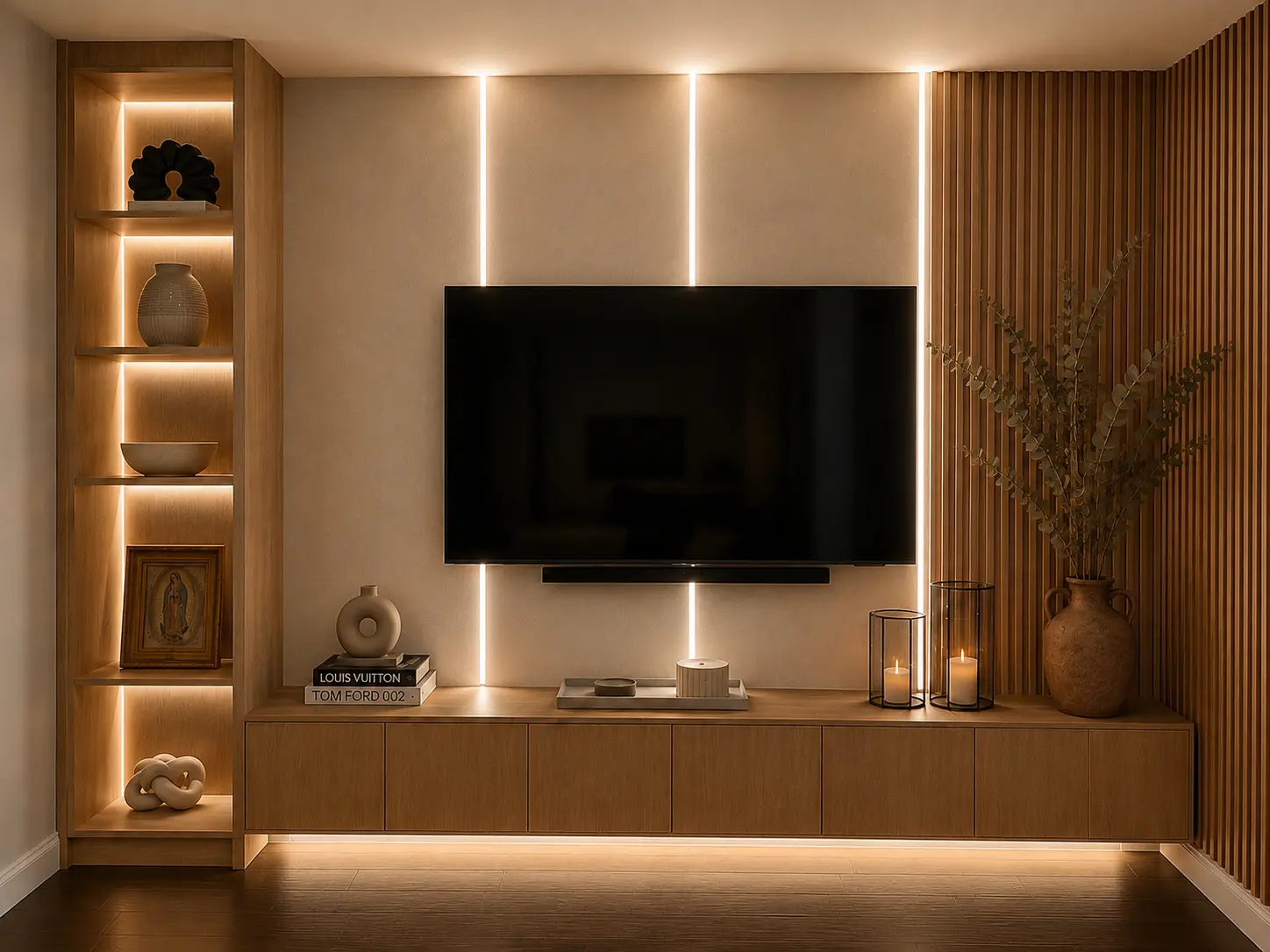 Muro de TV a medida en madera roble con listones acústicos verticales, iluminación LED cálida indirecta, nichos con decoración y mueble bajo flotante en un salón de noche