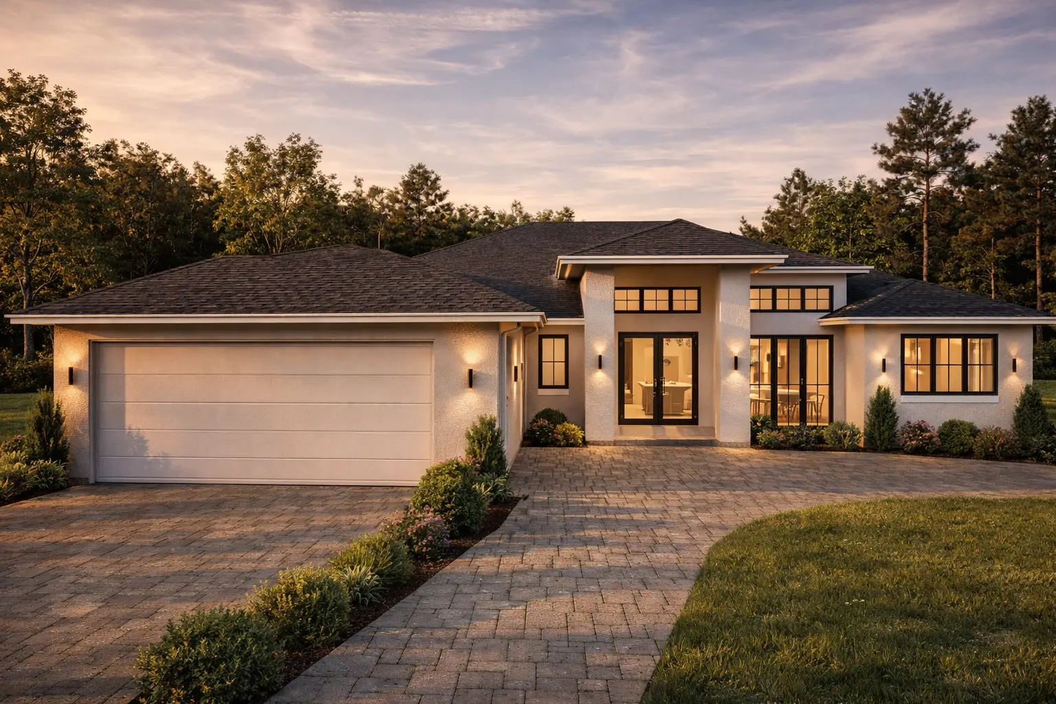 Fachada de casa custom de una planta en Orlando al atardecer, con estuco crema, ventanas de marco negro, apliques exteriores cálidos, entrada de adoquines y jardinería tropical
