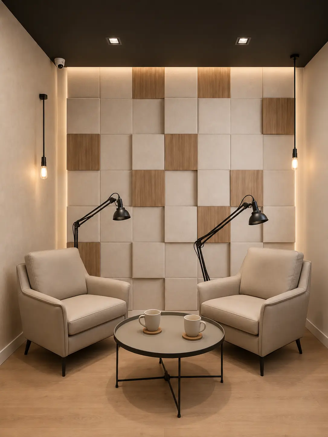 Área de espera comercial con muro de paneles acústicos tipo damero en lino y madera, dos sillones beige, lámparas negras articuladas, mesa redonda y luz perimetral cálida
