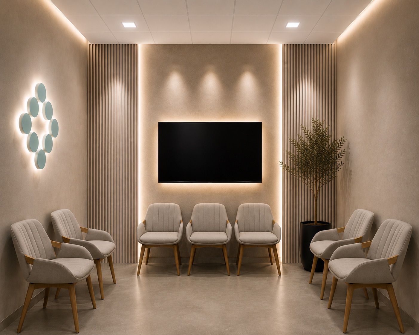 Sala de espera de clínica con muro central retroiluminado, paneles de listones de madera, sillones crema, olivo en maceta negra e iluminación perimetral cálida