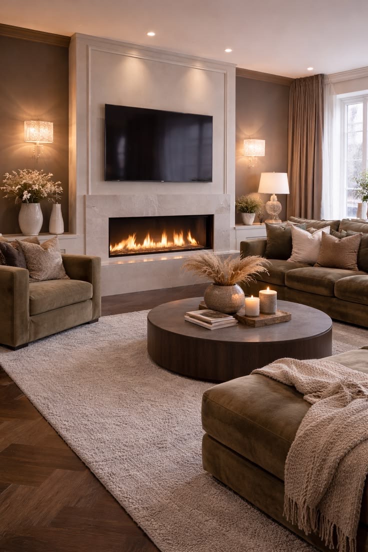 Sala de estar cálida con chimenea lineal empotrada en muro de piedra clara, TV integrada, sofás de terciopelo verde oliva, mesa de centro redonda de madera, alfombra shag beige y apliques de cristal