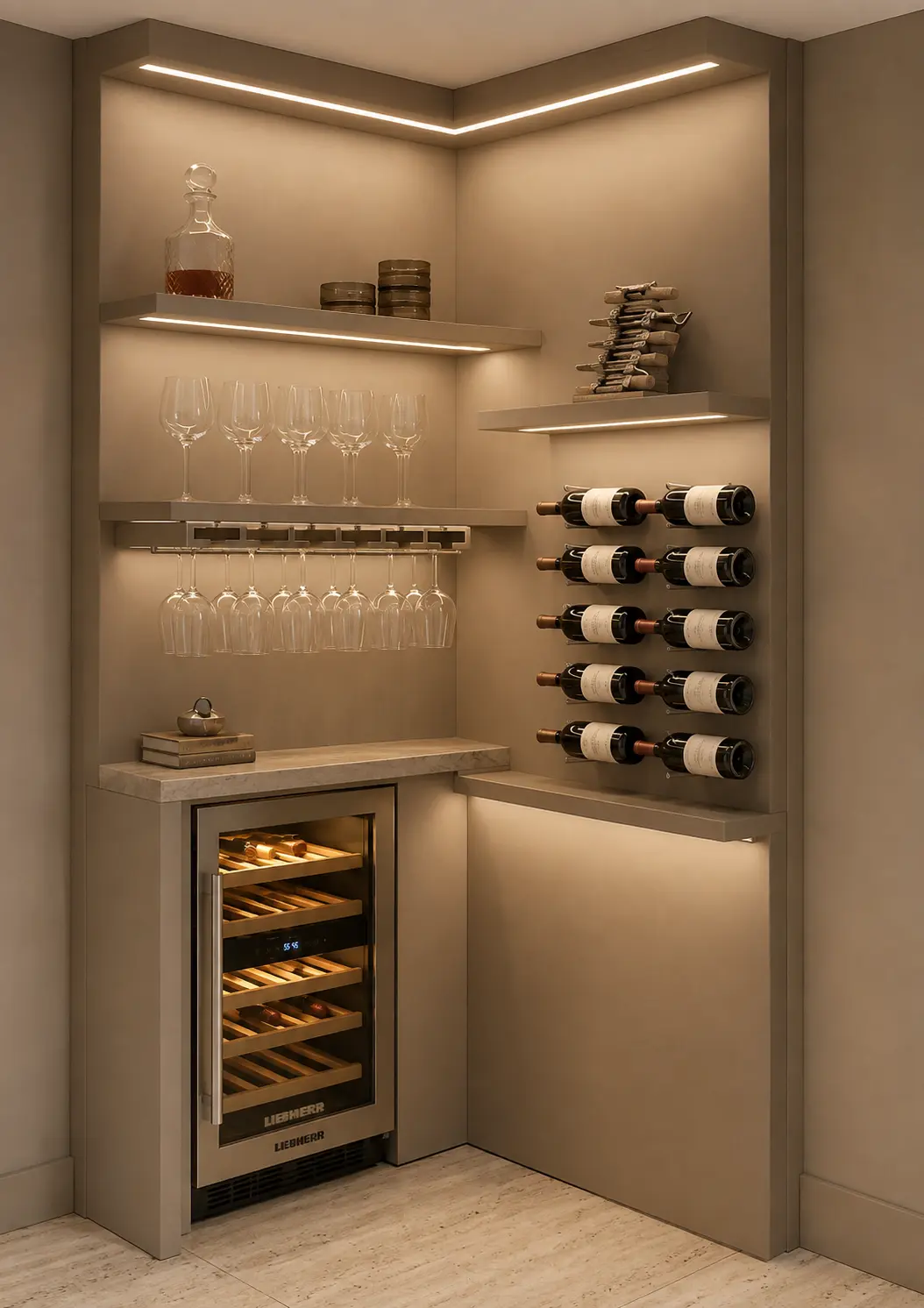 Bar de vinos a medida en tonos greige con repisas flotantes iluminadas, copas colgantes, botellero de pared, encimera de mármol y nevera de vinos empotrada