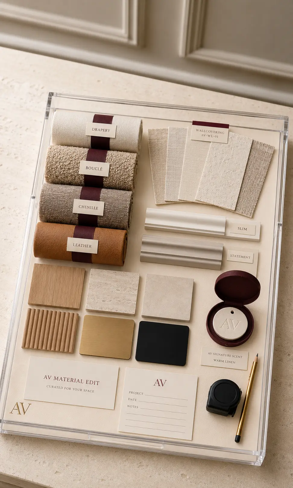 Bandeja de materiales AV con muestras de telas drapery, bouclé, chenille y cuero, láminas de papel tapiz, muestras de madera, mármol y metal dorado sobre una encimera clara