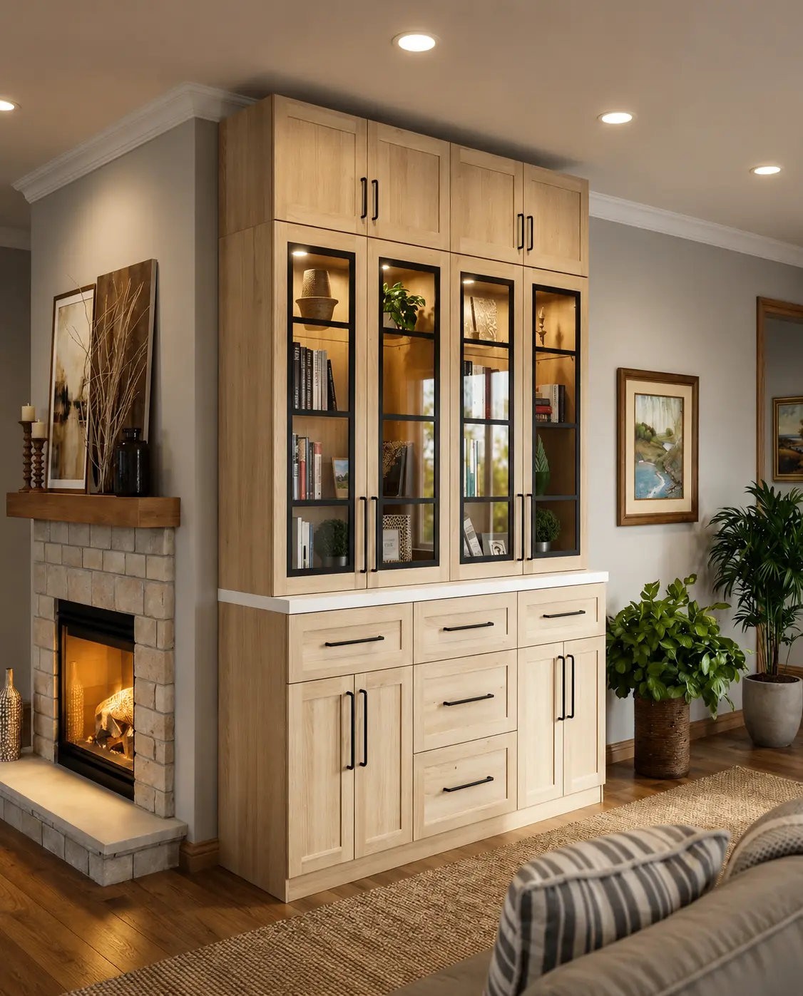 Mueble de carpintería a medida en madera clara con vitrinas de vidrio con marco negro, iluminación interior, cajones y encimera blanca, junto a una chimenea de piedra