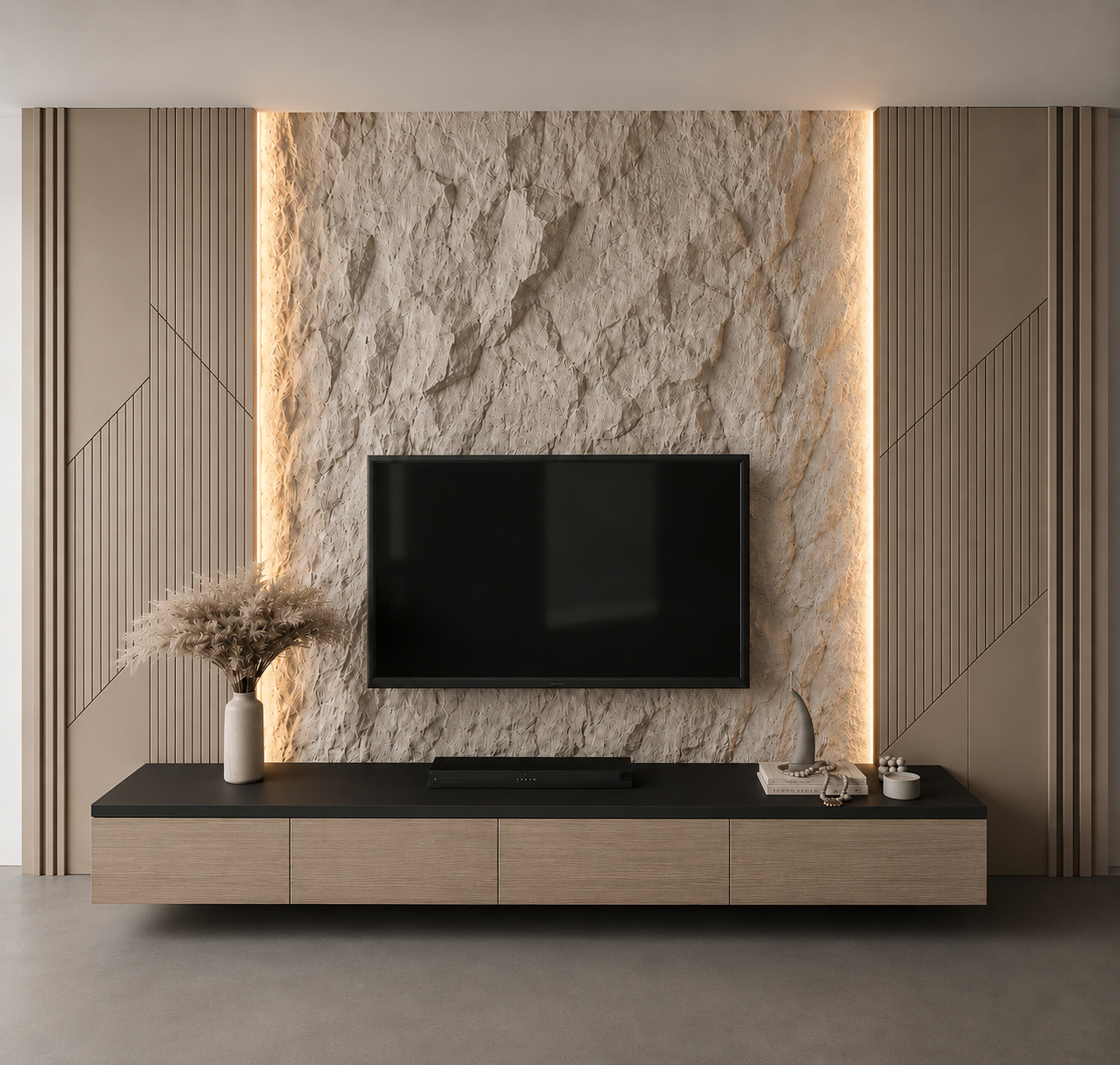Muro de TV con panel central de piedra natural texturizada retroiluminada, molduras geométricas en tonos arena y mueble flotante de madera con encimera negra