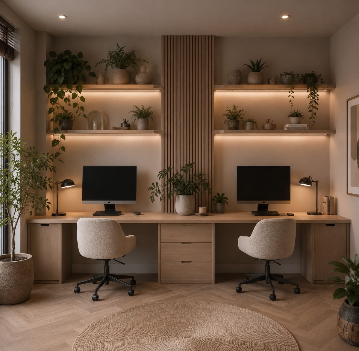 Oficina en casa para dos personas con escritorio corrido de madera roble, repisas flotantes con iluminación LED cálida, panel de listones verticales, sillas bouclé beige, plantas y piso de madera en espiga
